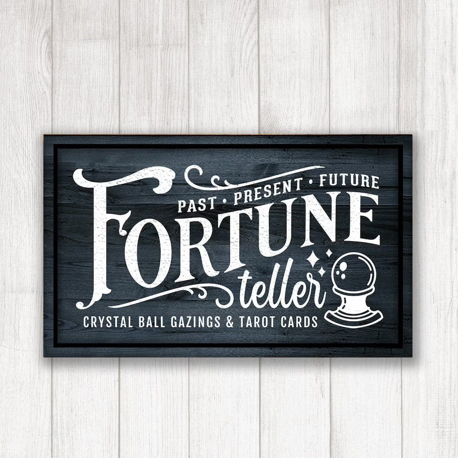 Carved Halloween signs. One reads "Past, Present, Future Fortune Teller. Crystal ball gazings and tarot cards." One reads "Merlins Magic Potions guaranteed to work." One reads "Wiches Brew Drink Co. quality potions since 1542."