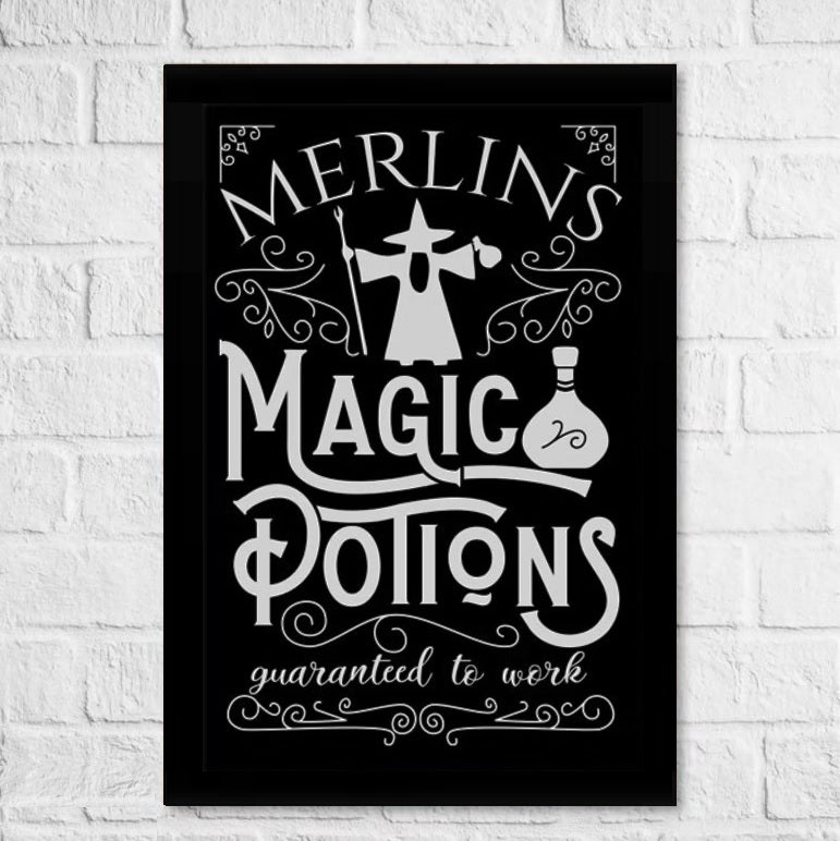 Carved Halloween signs. One reads "Past, Present, Future Fortune Teller. Crystal ball gazings and tarot cards." One reads "Merlins Magic Potions guaranteed to work." One reads "Wiches Brew Drink Co. quality potions since 1542."