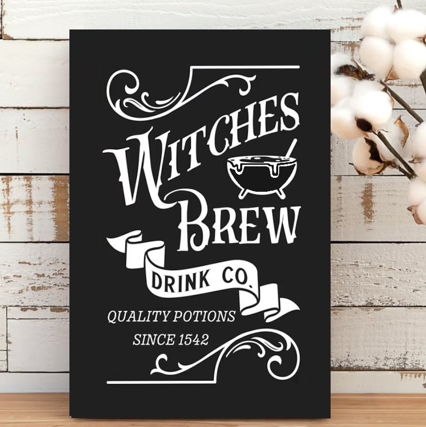 Carved Halloween signs. One reads "Past, Present, Future Fortune Teller. Crystal ball gazings and tarot cards." One reads "Merlins Magic Potions guaranteed to work." One reads "Wiches Brew Drink Co. quality potions since 1542."