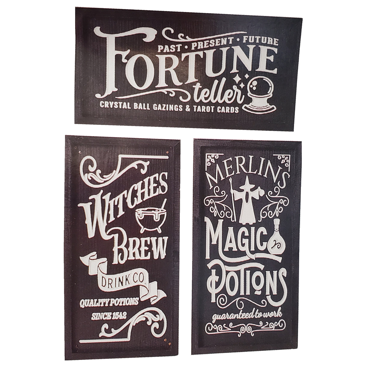 Carved Halloween signs. One reads "Past, Present, Future Fortune Teller. Crystal ball gazings and tarot cards." One reads "Merlins Magic Potions guaranteed to work." One reads "Wiches Brew Drink Co. quality potions since 1542."