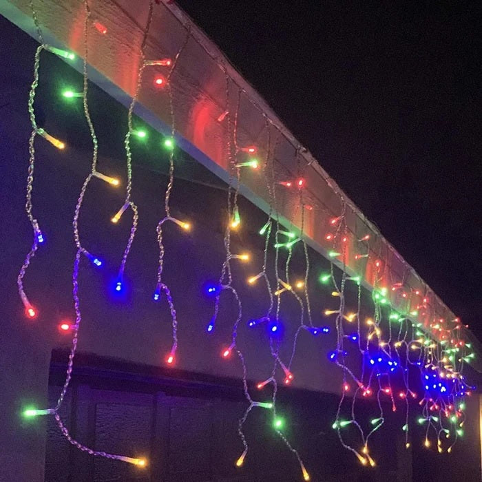 Multi-colored LED icicle lights.