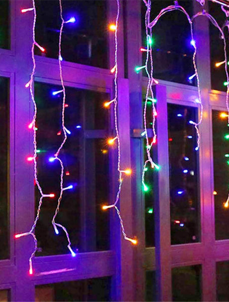 Multi-colored LED icicle lights.