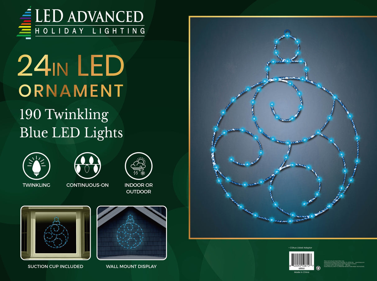 The box for a 24 inch twinkling blue LED ornament light.
