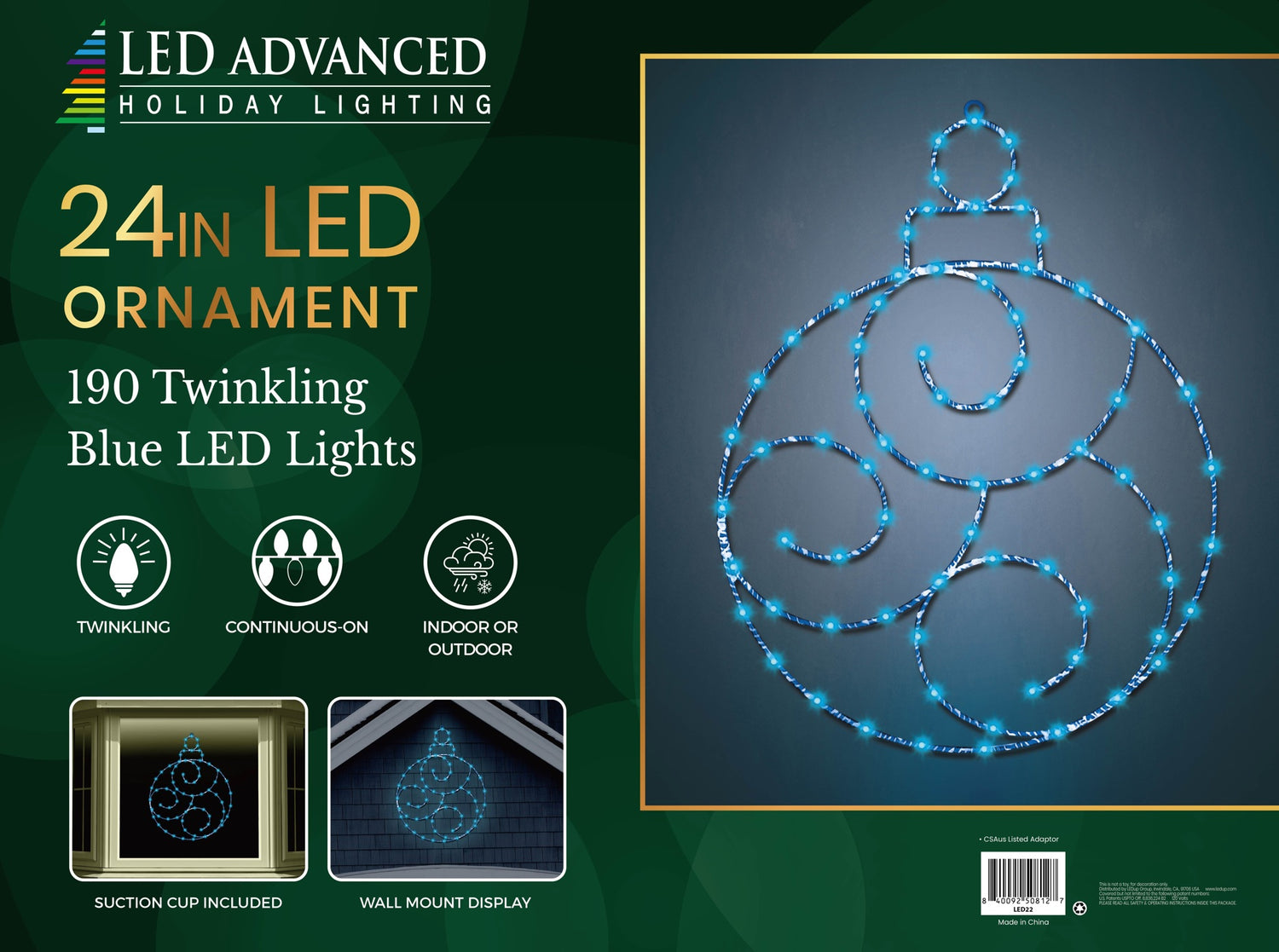 The box for a 24 inch twinkling blue LED ornament light.