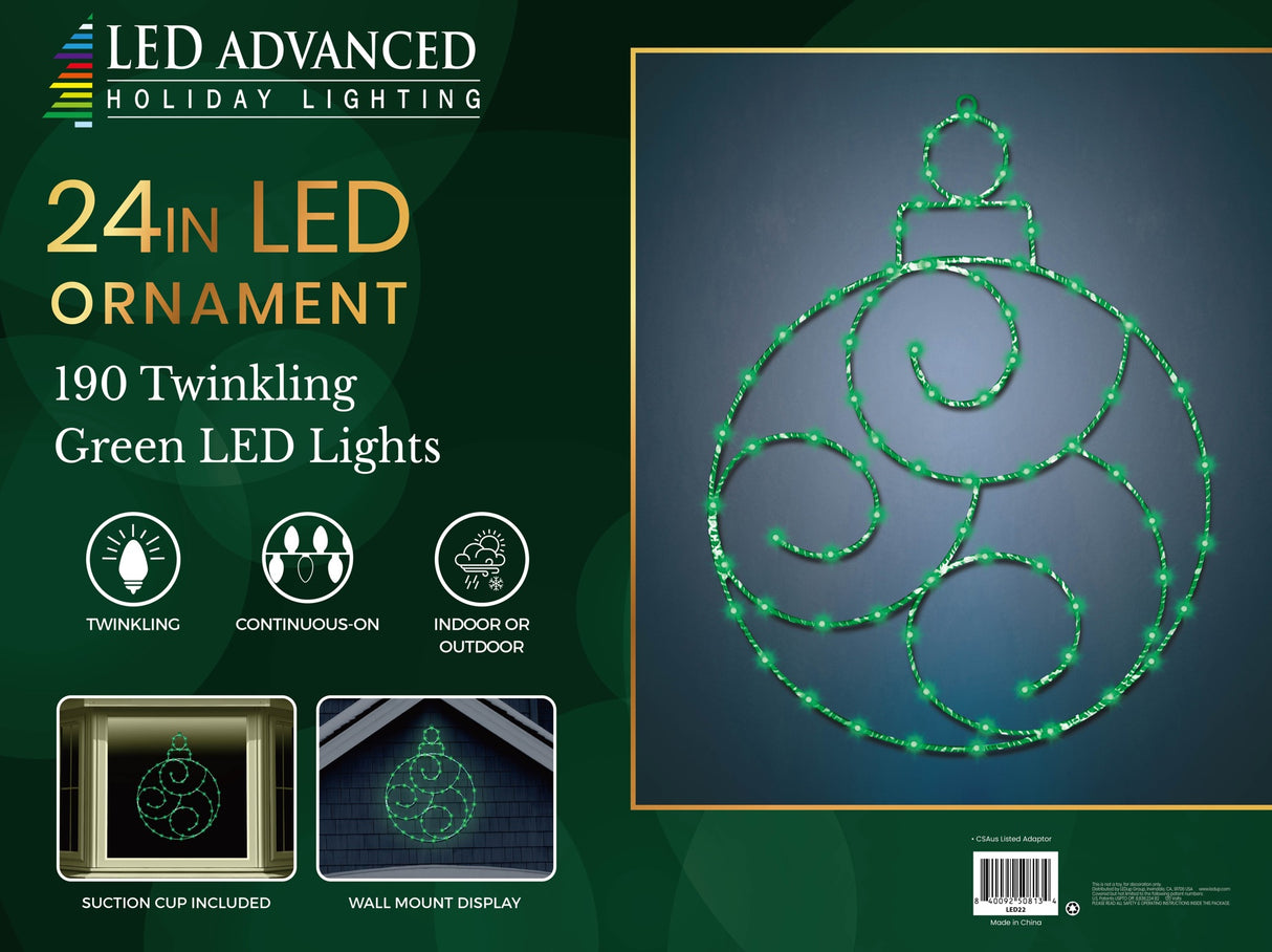 A box for a 24 inch twinkling green LED ornament light.