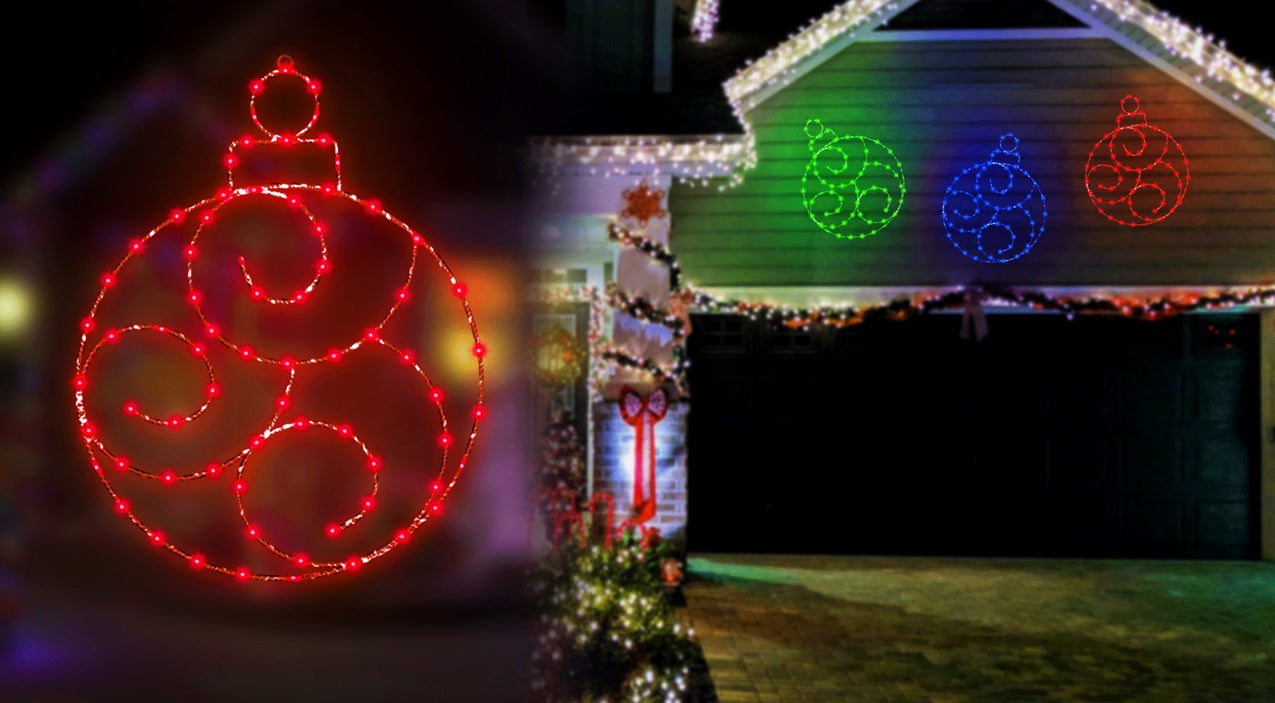 A compilation image showing the red LED ornament decoration and the house decorated with the green, blue and red LED ornament decorations.