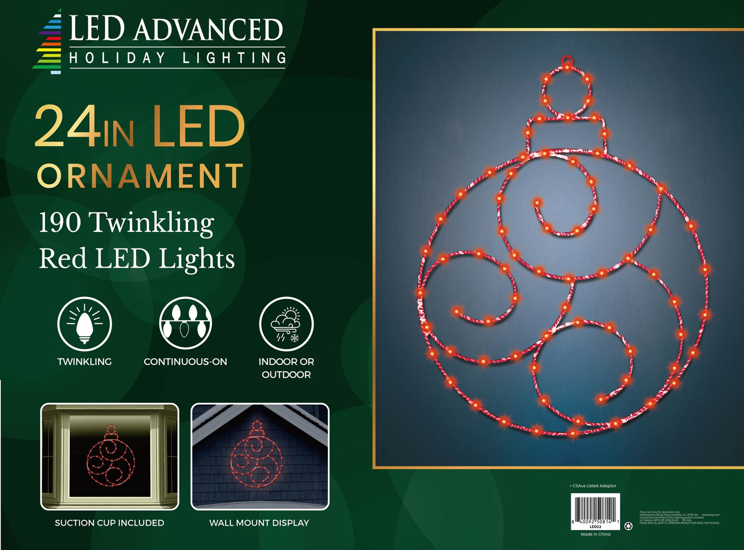 The box for a 24 inch red twinkling LED ornament light.