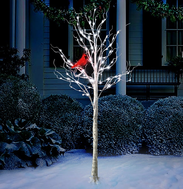 Fake birch tree with pure white LED lights and a red LED cardinal.