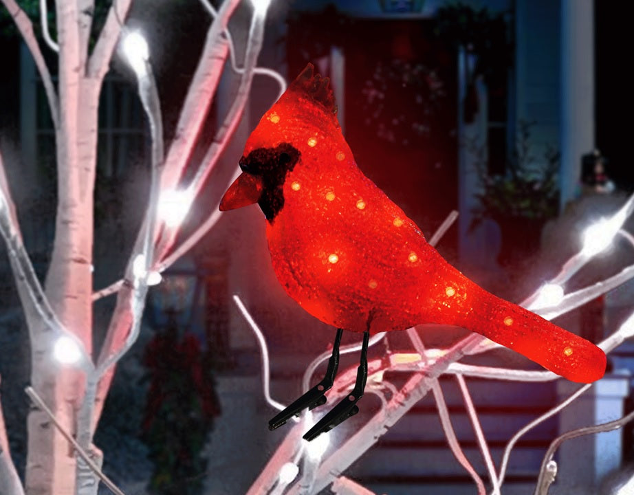 Fake birch tree with pure white LED lights and a red LED cardinal.