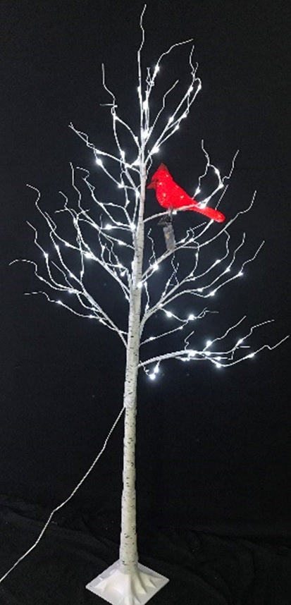 Fake birch tree with pure white LED lights and a red LED cardinal.
