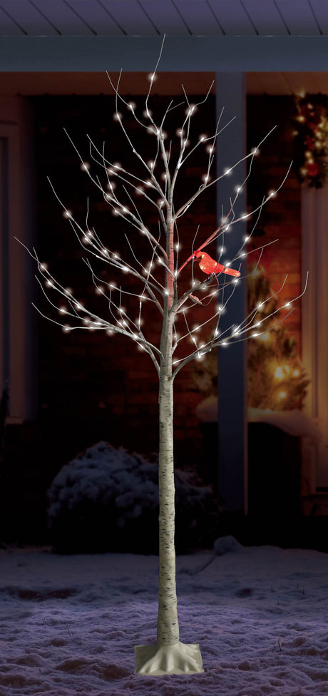 Fake birch tree with pure white LED lights and a red LED cardinal.