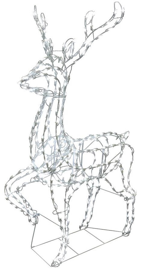 LED winter decoration pre-lit with pure white lights. Wire is shaped to look like a standing deer.