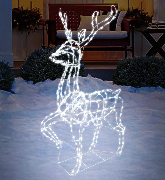 LED winter decoration pre-lit with pure white lights. Wire is shaped to look like a standing deer.