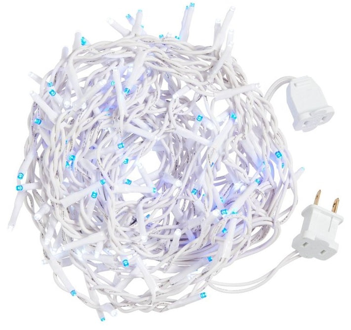 Blue LED icicle lights on a white wire.