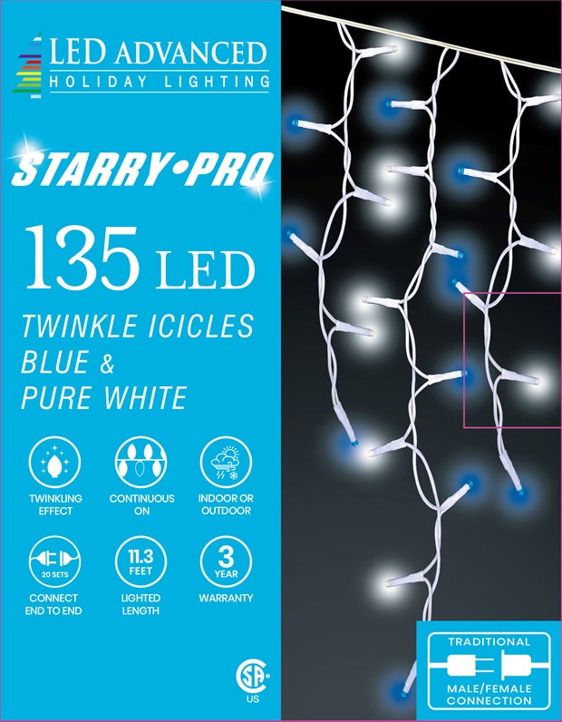 A box of 135 blue and pure white twinkling icicle lights.