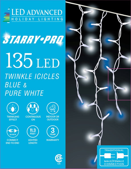 A box of 135 blue and pure white twinkling icicle lights.
