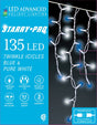 A box of 135 blue and pure white twinkling icicle lights.
