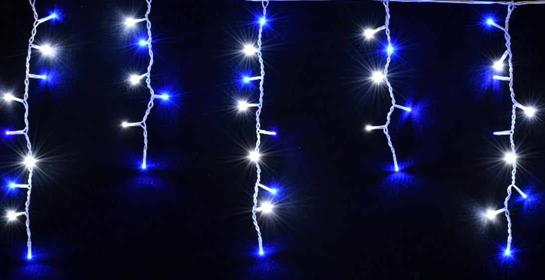 Blue and pure white LED icicle lights.