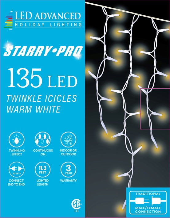 A box of 135 warm white twinkling LED icicle lights.