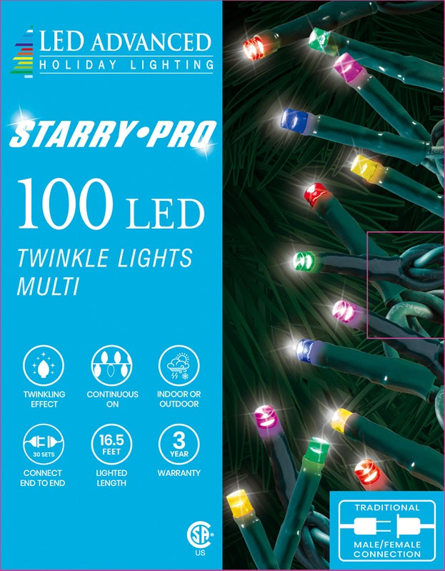 A box of 100 multi-colored twinkling LED lights.