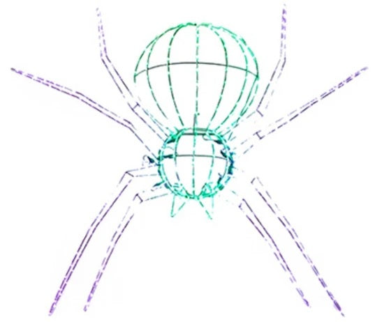 Twinkling LED outdoor decoration for Halloween. Shaped like a giant green and purple spider.