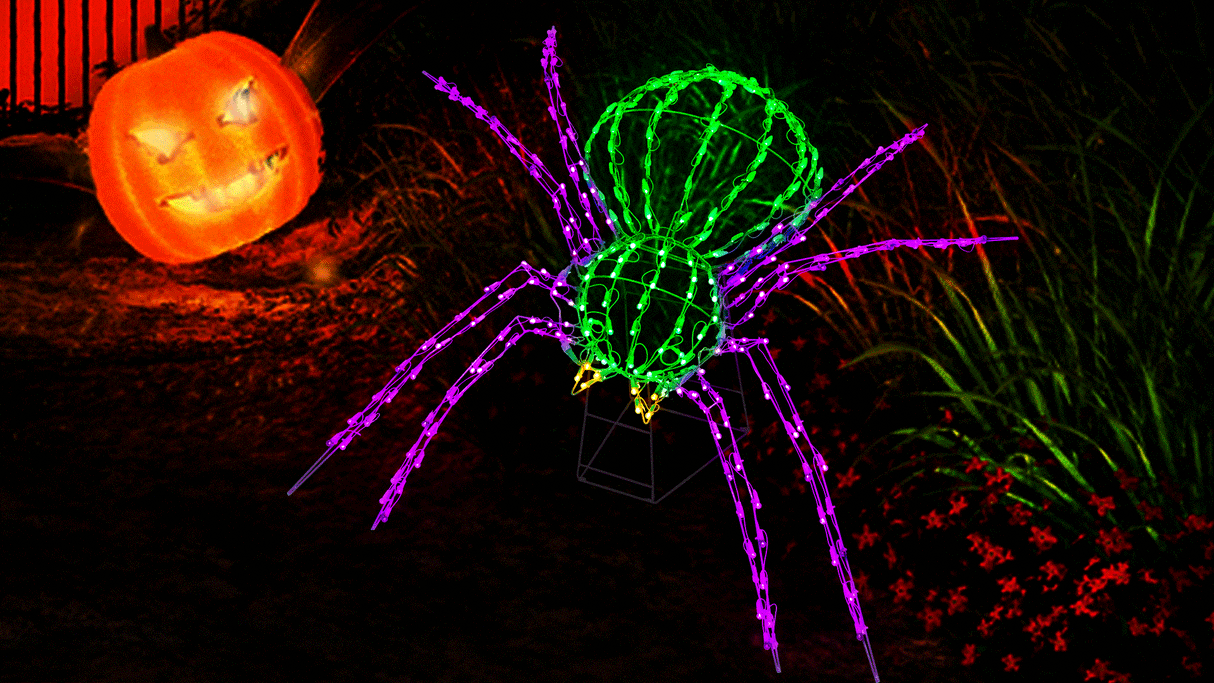 Twinkling LED outdoor decoration for Halloween. Shaped like a giant green and purple spider.