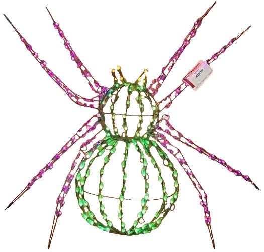 Twinkling LED outdoor decoration for Halloween. Shaped like a giant green and purple spider.