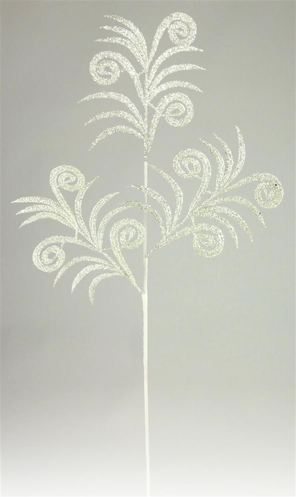 35" White Glittered Swirl Palm Spray