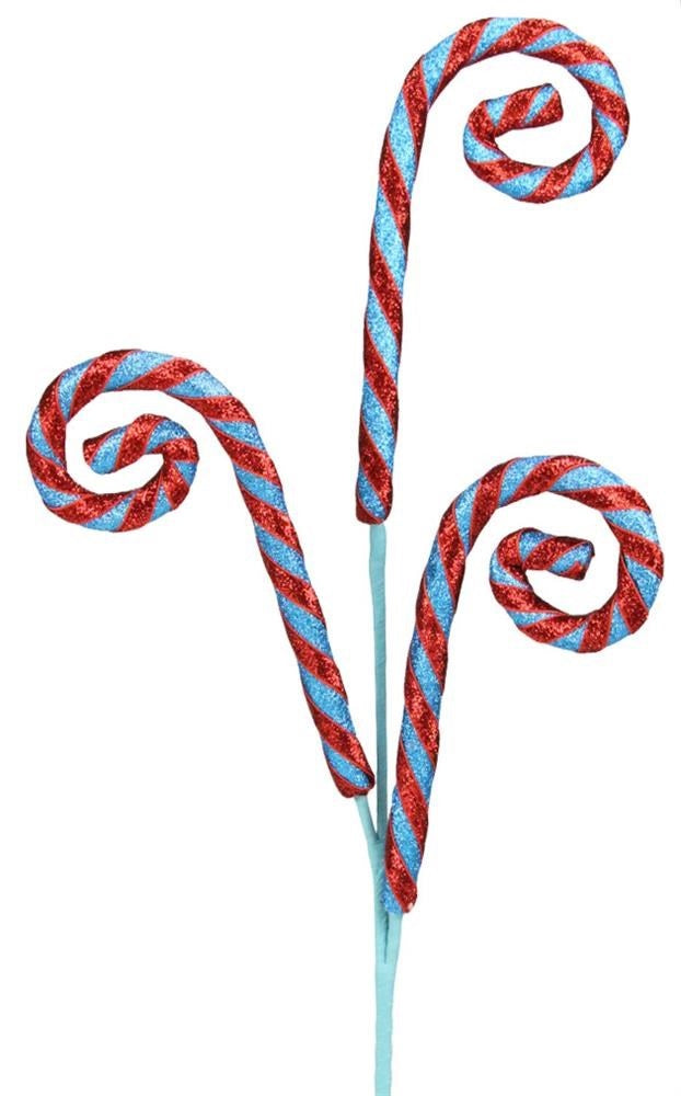 29" Turquoise and Red Glitter Candy Cane Spray