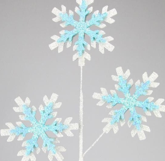 Pick spray designed to look like it has three glitter snowflakes. The snowflakes are white and light blue glitter.