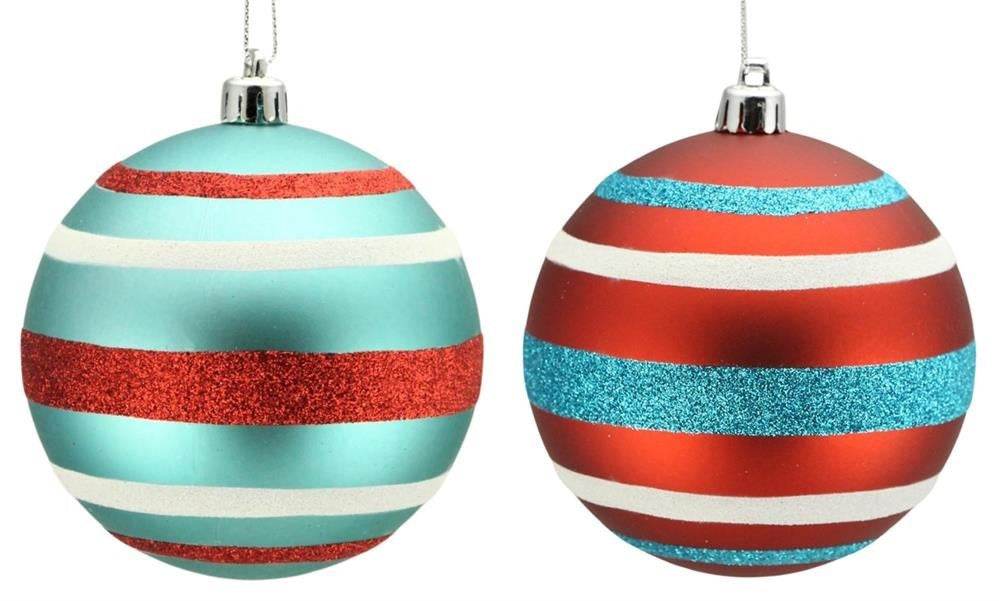 100MM Turquoise and Red Horizontal Stripe Ball Ornament