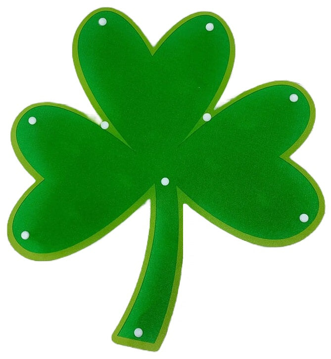Lighted decoration shaped like a green shamrock.