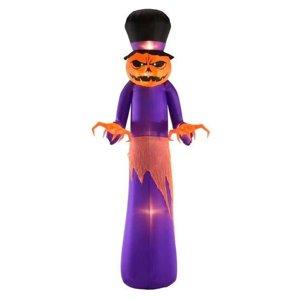 Inflatable decoration shaped like a monster with a scary jack-o-lantern head. He's wearing a black top hat, a purple dress with some orange fabric across the hips.