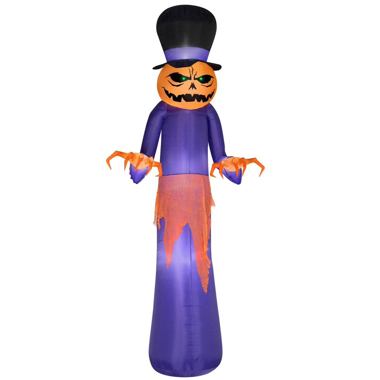 Inflatable decoration shaped like a monster with a scary jack-o-lantern head. He's wearing a black top hat, a purple dress with some orange fabric across the hips.
