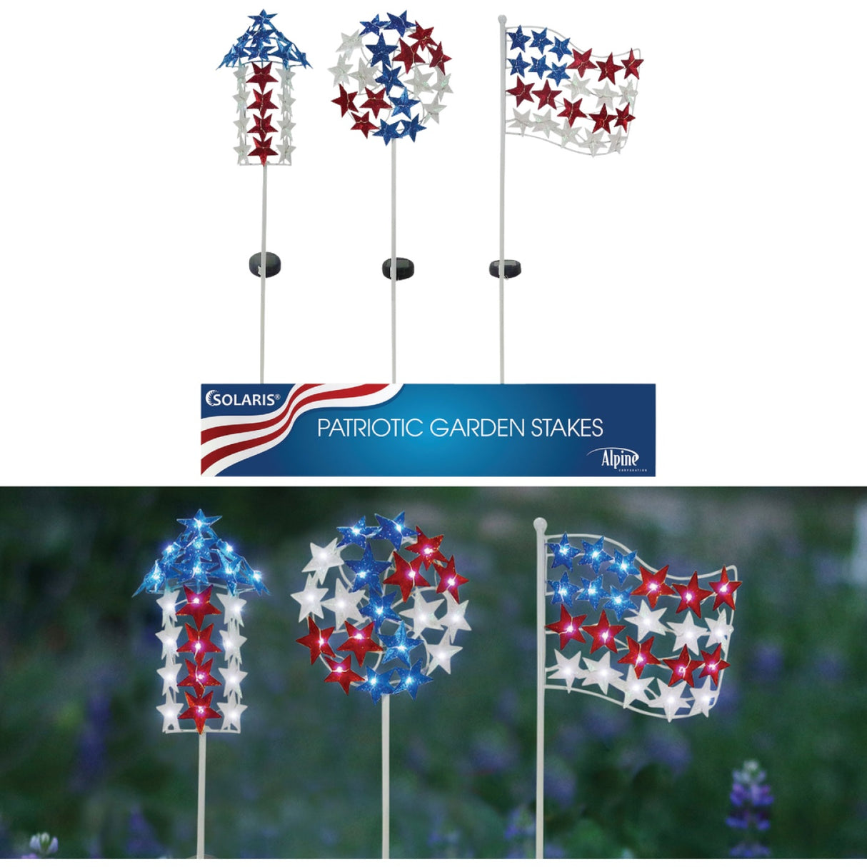 Solar powered patriotic garden stake. One is shaped like an arrow pointing up. One is a circle. The other is shaped like a flag. Each of them is made up of red, white and blue stars.