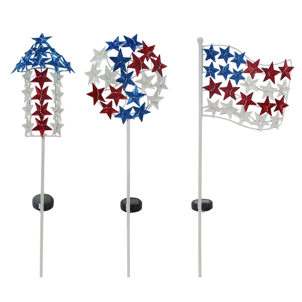 Solar powered patriotic garden stake. One is shaped like an arrow pointing up. One is a circle. The other is shaped like a flag. Each of them is made up of red, white and blue stars.