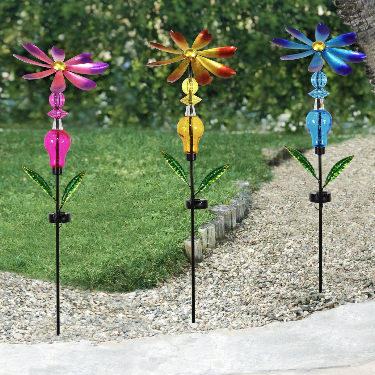 Bejeweled Metal Spinning Floral Solar Stake Light