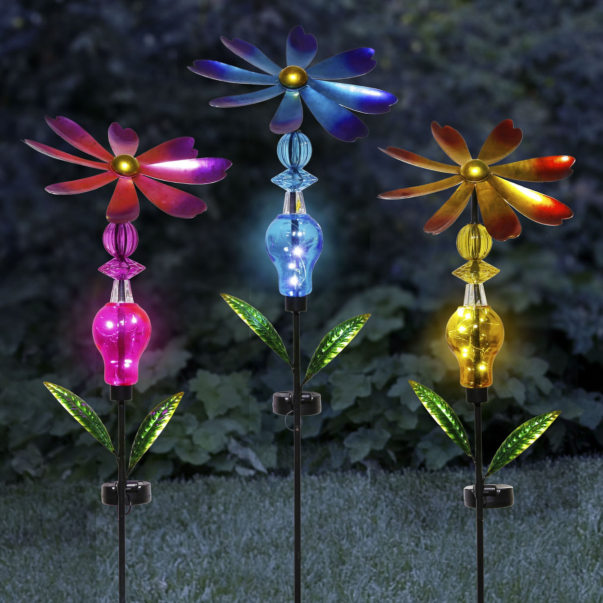 Bejeweled Metal Spinning Floral Solar Stake Light