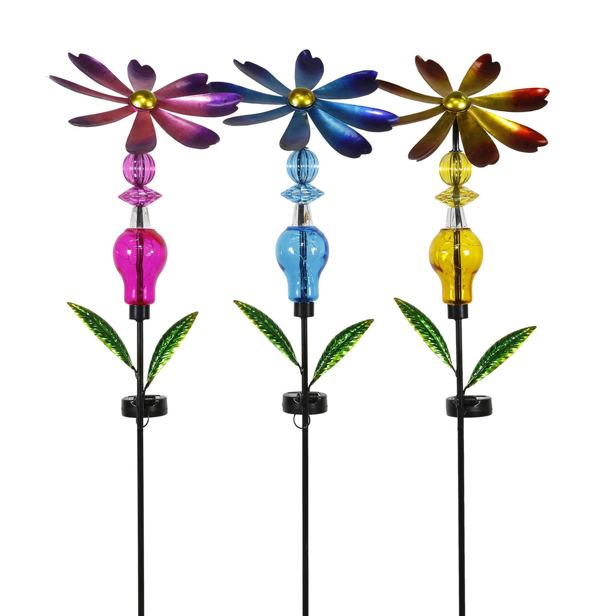 Bejeweled Metal Spinning Floral Solar Stake Light