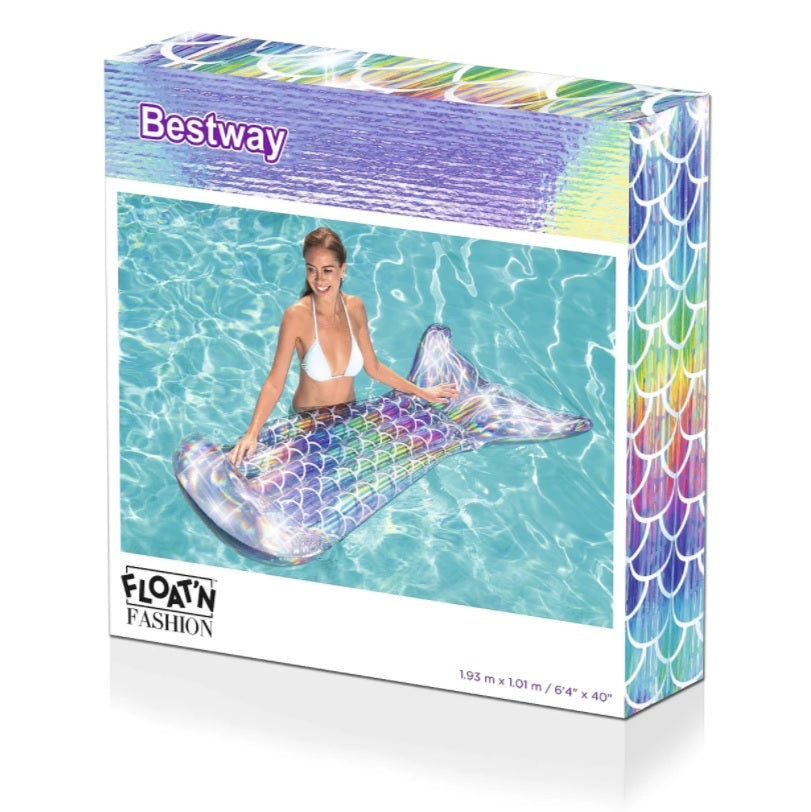 Silver, holographic pool float shaped like a mermaid's tail.