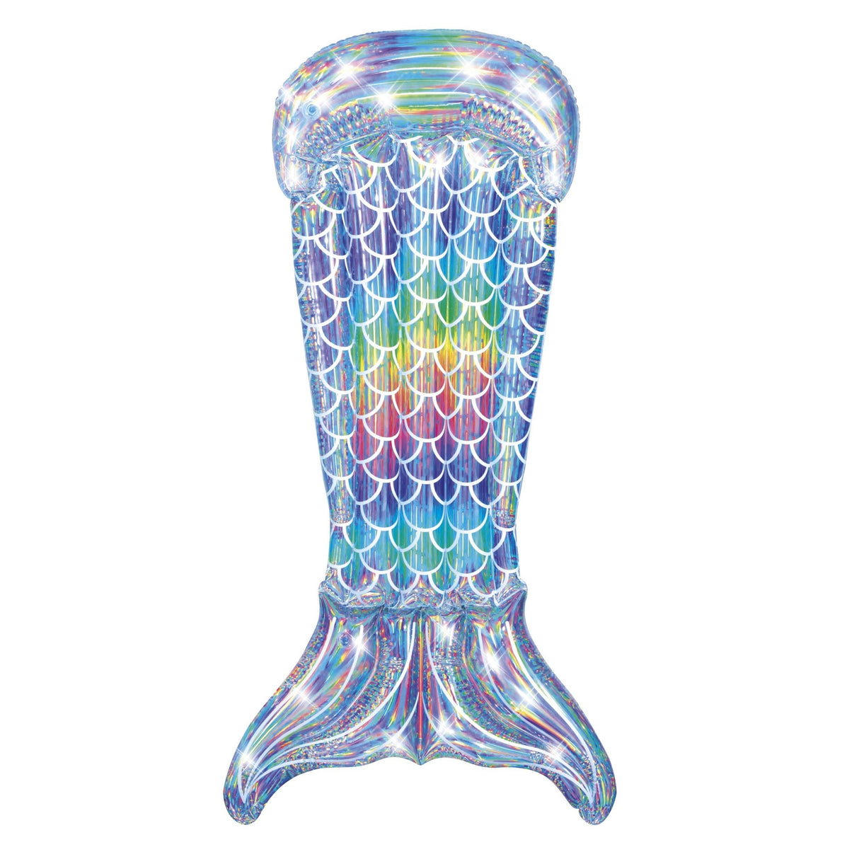 Silver, holographic pool float shaped like a mermaid's tail.