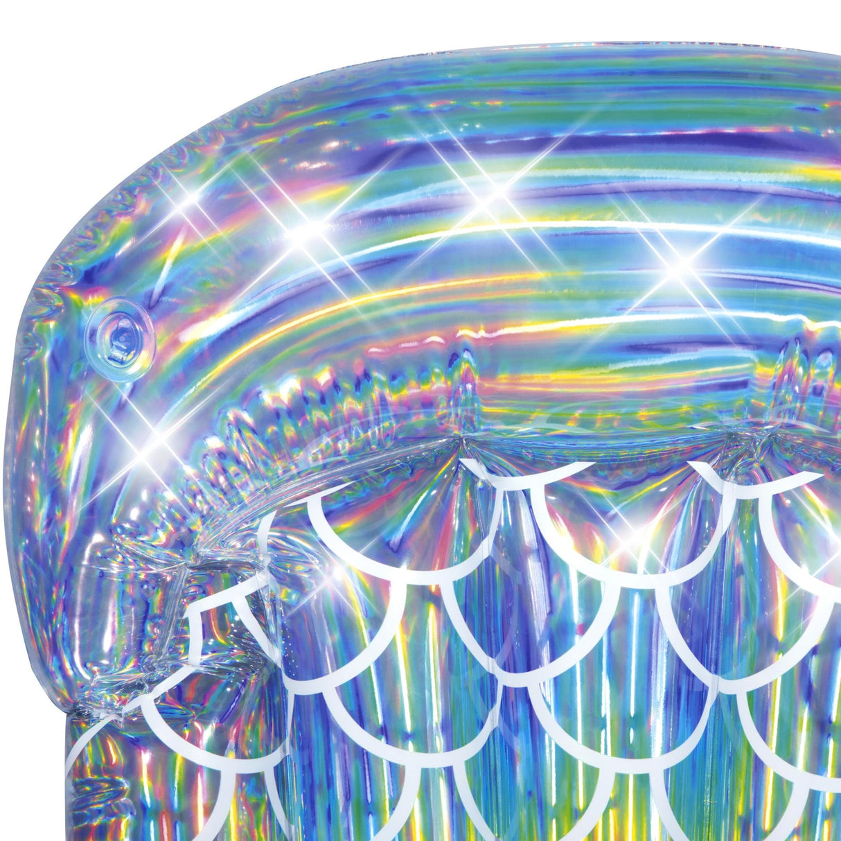 Silver, holographic pool float shaped like a mermaid's tail.