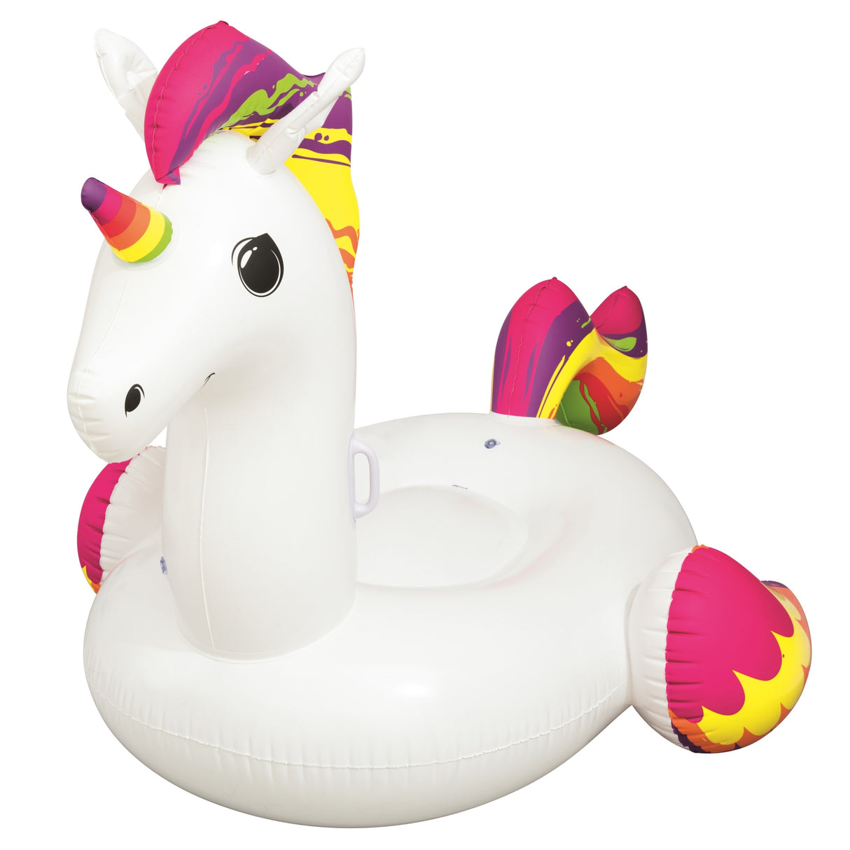 Inflatable pool float shaped like a white and rainbow unicorn.