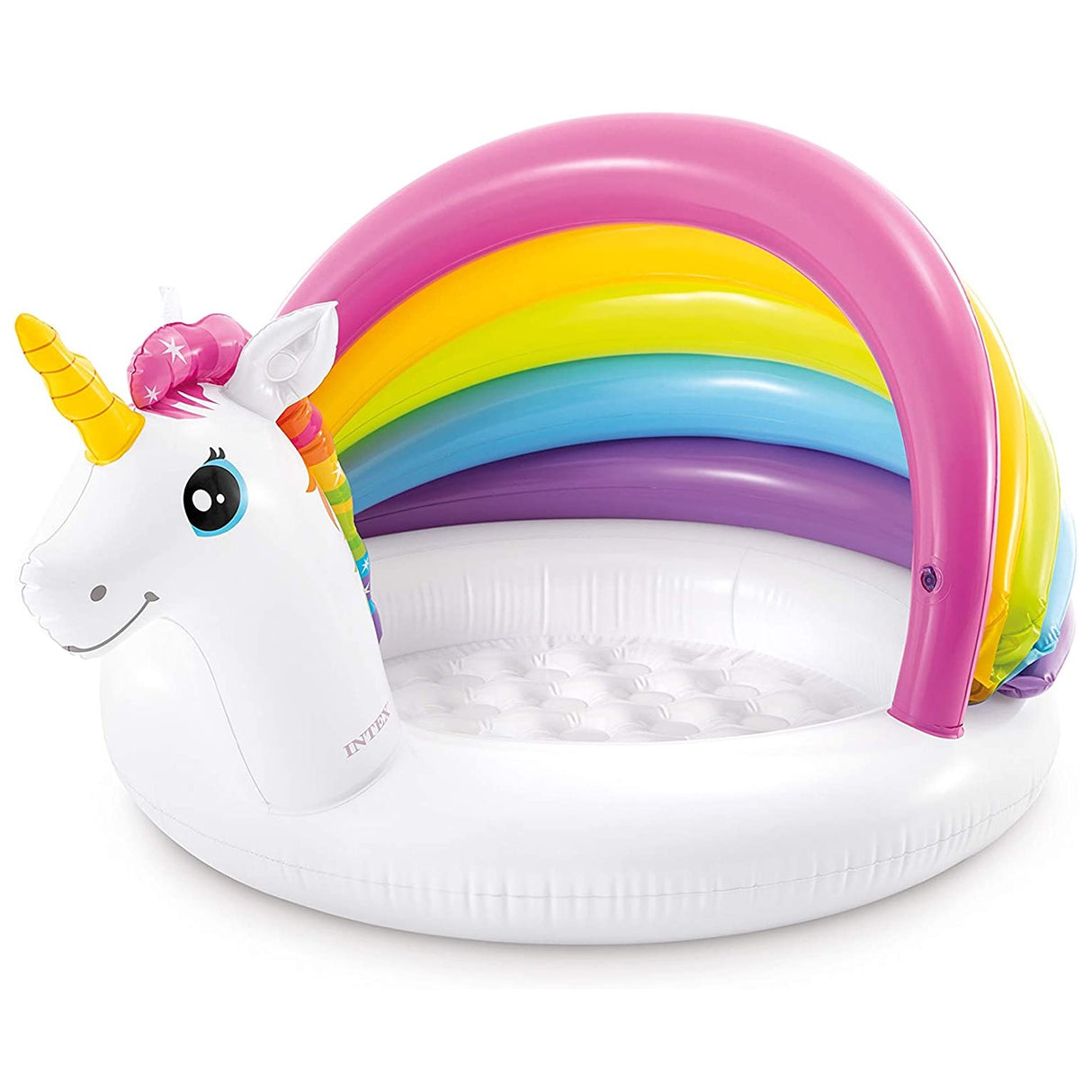 Inflatable pool for kids. The bottom is white and has a unicorn head. There's a slight cover on the pool that is pink, orange, lime green, blue and purple.