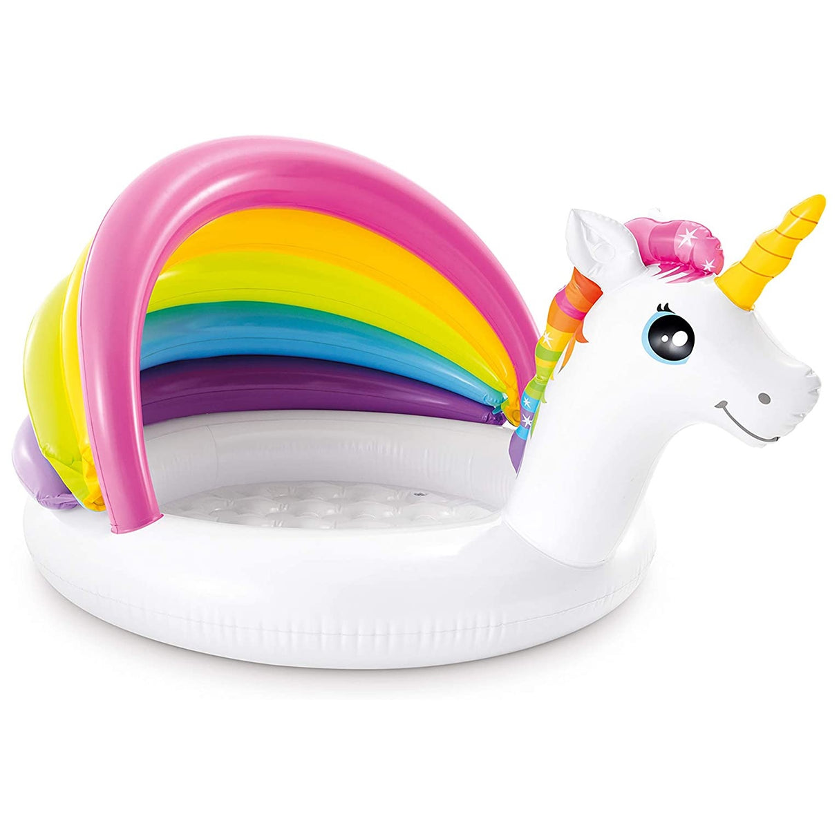 Inflatable pool for kids. The bottom is white and has a unicorn head. There's a slight cover on the pool that is pink, orange, lime green, blue and purple.