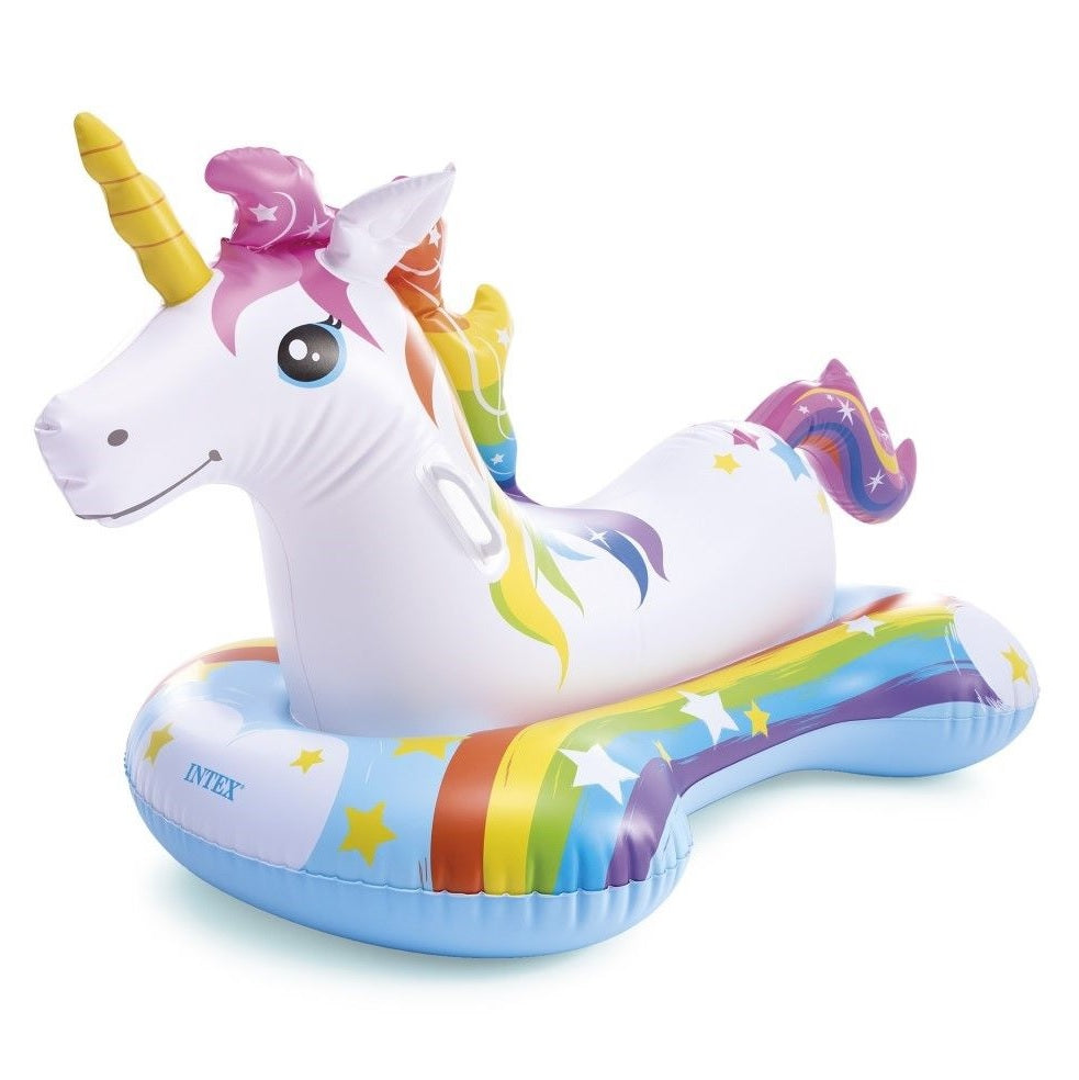 An inflatable pool float designed to look like a rainbow unicorn.