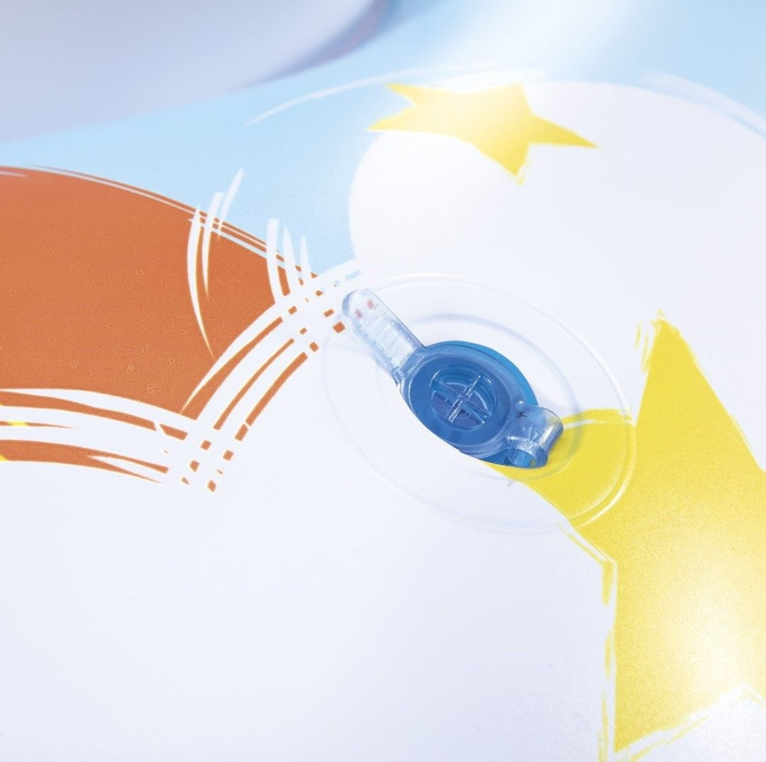 An inflatable pool float designed to look like a rainbow unicorn.