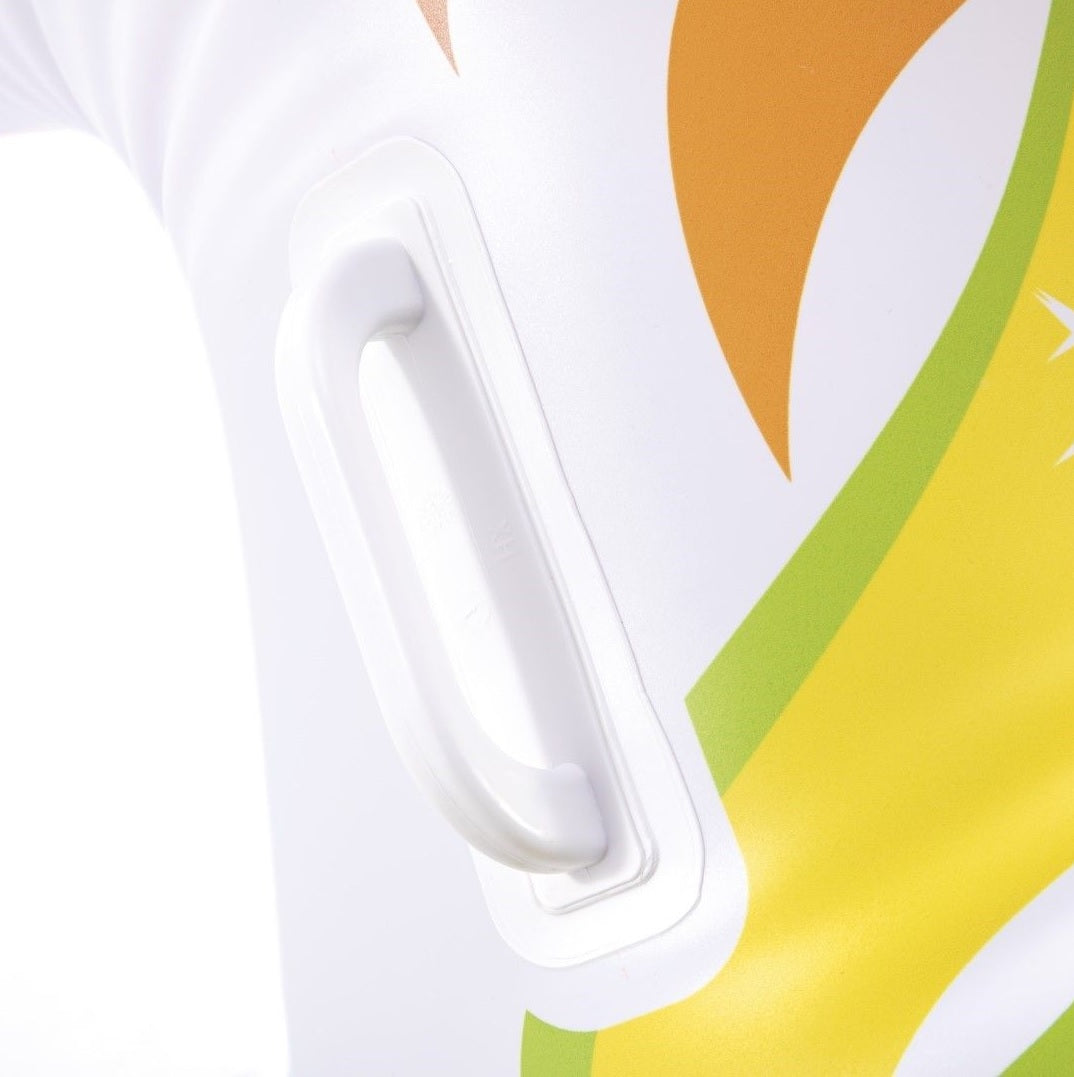 An inflatable pool float designed to look like a rainbow unicorn.