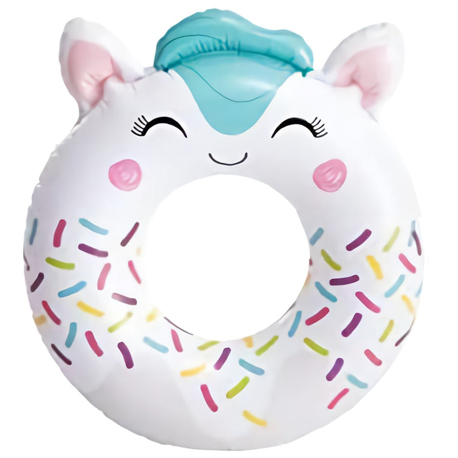 This image shows the horse inner tube option. The swim ring is white with multi-colored sprinkles at the bottom. Inside the ears are pink. The horse's mane is a teal color and it has rosy pink cheeks.