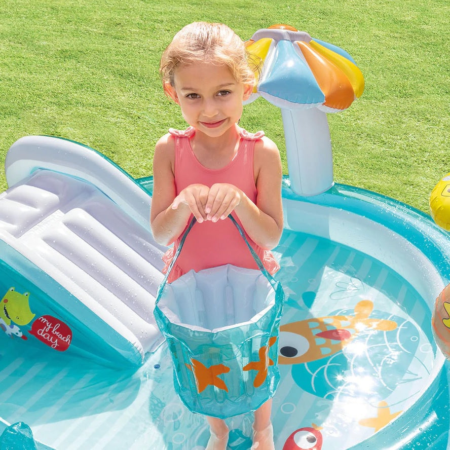 Inflatable kiddie pool features a slide, sprinklers, bucket and floatie. There's also a gator that sprays water.